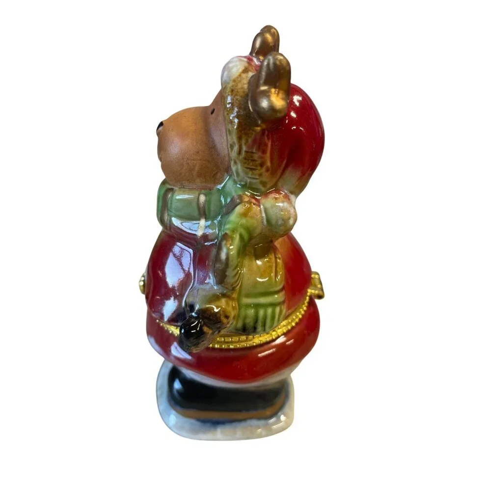 Ceramic Reindeer Winter‎ Themed Trinket Box Hinged Gold Accents 4.5